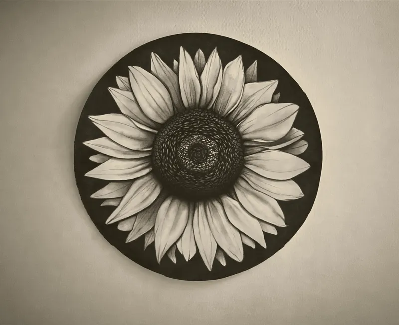 Sunflower drawn on a circular panel