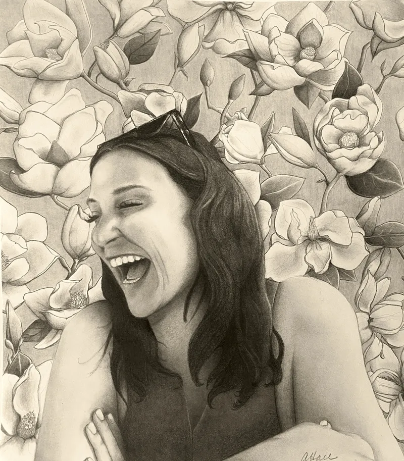Laughing woman on magnolia background